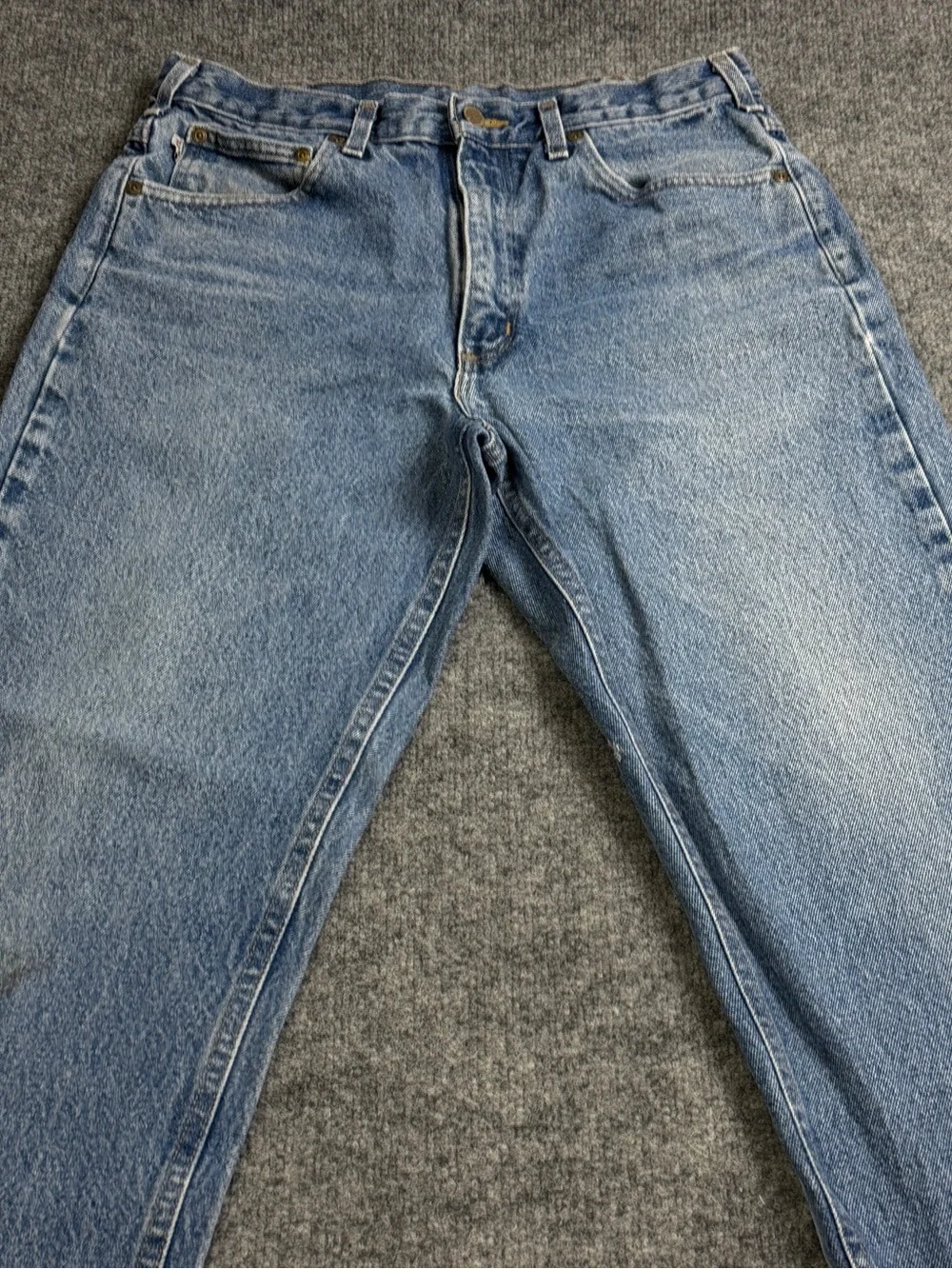 Vintage Carhartt Mens Distressed Blue Denim Jeans Tapered Leg Medium Wash 32x32